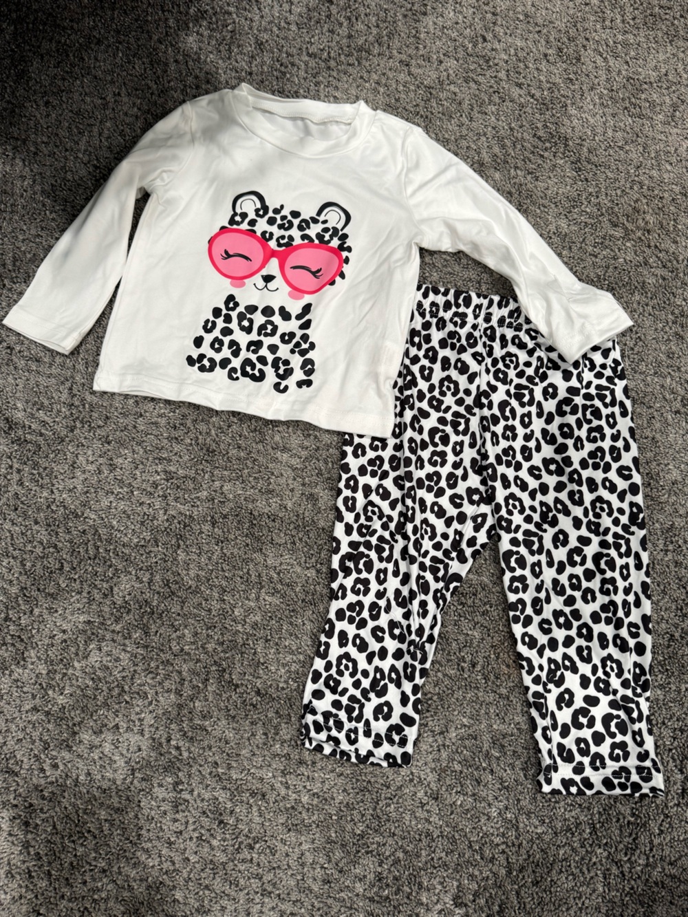 Kids White Leopard-Print Pajama Set with Pink Sunglasses Graphic